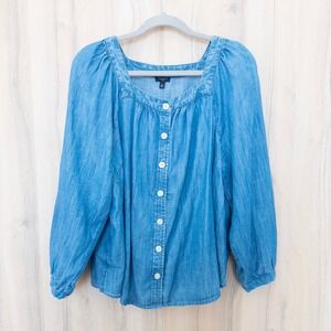 Talbots Womens Denim Chambray Blouse Size XL Blue Button‎ Front Boho Cottage